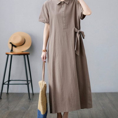 Váy sơ mi tay ngắn có 2 túi trước, dáng váy dài siêu tôn dáng HB61