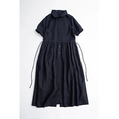 Đầm nữ suông dáng xòe cổ sen phối cúc kín đáo có kèm dây thắt eo chất liệu Linen cao cấp, thanh lịch 