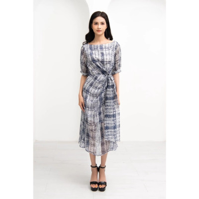 Đầm Voan Xòe Loang Xanh Xoắn Eo Maxivic, La Mộc - LM72113