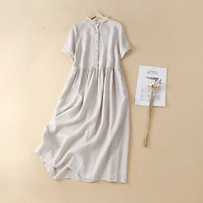 Đầm suông hè nữ  cổ trụ linen tay ngắn chất đũi mềm mát, thời trang Haint Boutique Da158