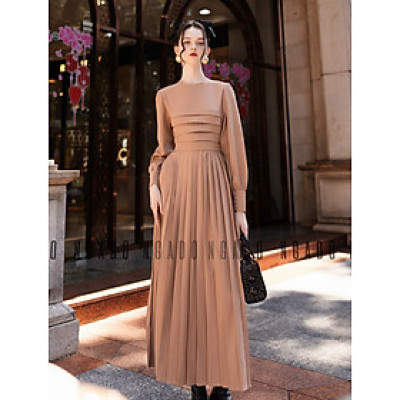 Đầm nâu xếp ly dài tay NGADO