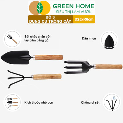 Dụng Cụ Làm Vườn Greenhome, D25cm, Cán Gỗ, Lưỡi Thép, Gồm Xẻng Xúc Đất, Cào, Chĩa, Trồng Cây, Làm Cỏ Dễ Dàng