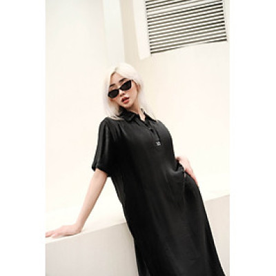 LAAS Đầm polo xếp ly nhỏ đều đặn đen tuyền óng ánh