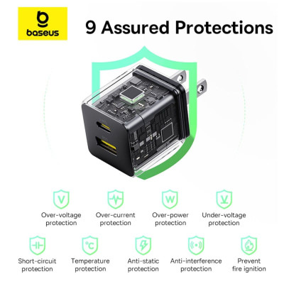 Bộ sạc nhanh nhỏ gọn 2 cổng Baseus Palm U + C 30W Kèm cáp C to C 60w dài 1M - Hàng chính hãng