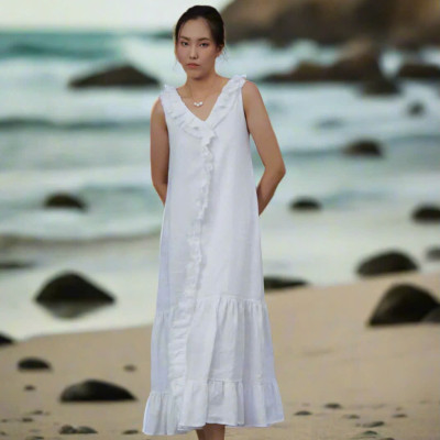 Đầm Maxi Linen Trắng Rút Rua Thủ Công Cao Cấp Du lịch Biển Resorts Lân Sa Thời trang Hity DRE209