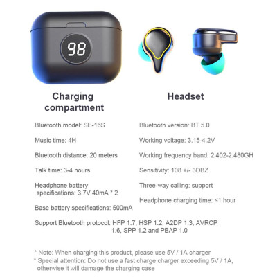 CINCATDY Tai Nghe Bluetooth True Wireless Headset Dock Sạc có Led Báo Pin Kép SE-16s - Hàng Nhập Khẩu