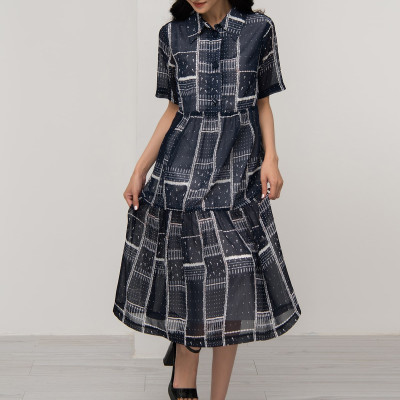 Đầm Công Sở Satin Cổ Trụ Họa Tiết Sọc Vuông Maxivic, La Mộc - LM72174