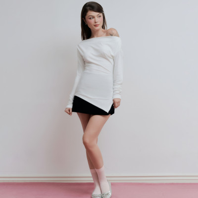 DOTTIE - Áo dài tay lệch vai - Trắng - T1055