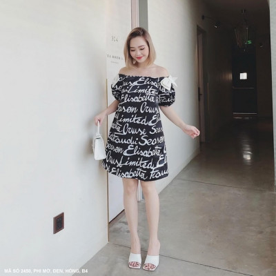 Đầm 2 nơ vai in chữ MS 2450
