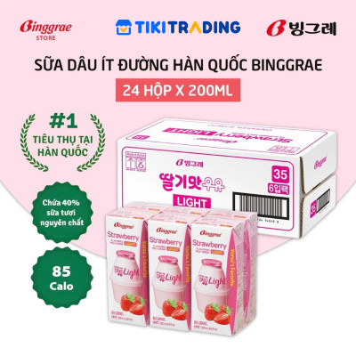 Thùng 24 hộp Sữa dâu ít đường 200ml nhãn hiệu Binggrae