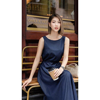 Đầm không tay xòe nhẹ có dây eo Eser thiết kế cao cấp WHITE CHIC