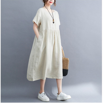 Đầm Suông Cổ Tròn Tay Cộc Dáng Dài Chất Đũi Mềm Mại Haint Boutique