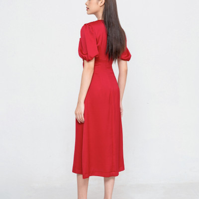 De Leah - Đầm ôm midi xoắn nơ ngực đỏ