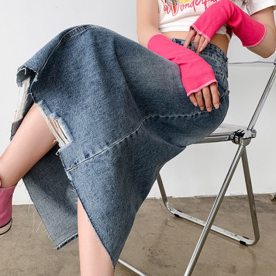 [CAO CẤP] Chân váy jean qua gối rách lai C065 dáng suông wax xanh xám không co dãn C065