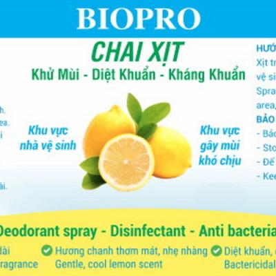 Chai xịt Biopro 300ml khử mùi diệt khuẩn kháng khuẩn Khu vực gây mùi khó chịu Khu vực nhà vệ sinh Hương chanh thơm mát