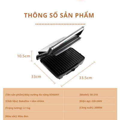 MỚI Máy kẹp nướng bánh mì ép bánh sandwich SOKANY SK-210 công suất cao 2000W rán trứng, nướng thịt CHỐNG DÍNH đa năng -HÀNG CHÍNH HÃNG