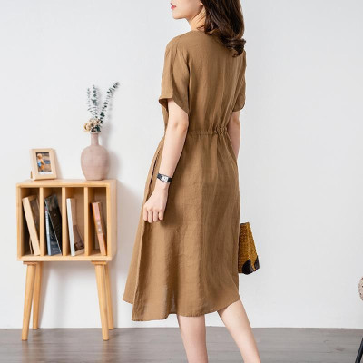 Đầm sơ mi cổ V màu trơn thanh lịch cho nữ, Đầm suông linen nhún eo, ngắn tay mặc đi làm, đi chơi Haint Boutique Da173