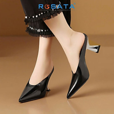 Dép sục cao gót nữ da bóng, gót bạc ROSATA RO672 -7F- Đen - HÀNG VIỆT NAM-BKSTORE