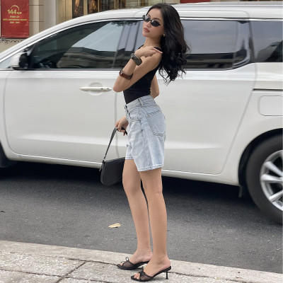 Quần short jean nữ lưng cao regular fit Aaa Jeans Alice Blue