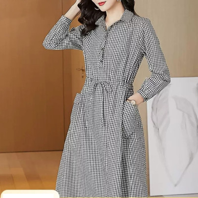 Đầm váy sơ mi nữ caro dáng suông dài tay, có túi hông kèm dây chỉnh eo, chất vải thô đũi Haint Boutique