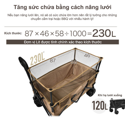 Xe kéo dã ngoại, ngoài trời, du lịch, cắm trại, picnic, đa năng bánh xe rộng có khóa cố định dung thích 230l gấp gọn