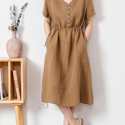 Đầm sơ mi cổ V màu trơn thanh lịch cho nữ, Đầm suông linen nhún eo, ngắn tay mặc đi làm, đi chơi Haint Boutique Da173