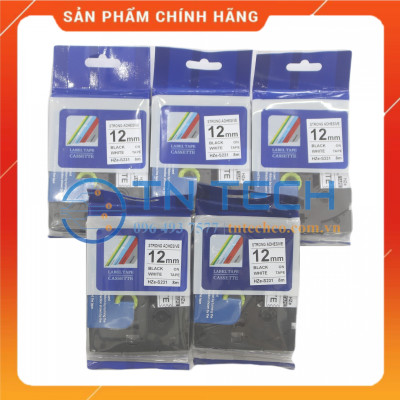 Nhãn In HZE-S231 - Đen nền trắng 12mm x 8m - Dùng cho máy in BROTHER - AIMO - PUTY [Hàng nhập khẩu]