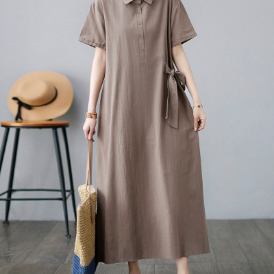 Váy sơ mi tay ngắn có 2 túi trước, dáng váy dài siêu tôn dáng HB61