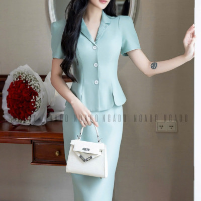 Set áo váy xanh mint bút chì NGADO , set áo váy dài , set công sở