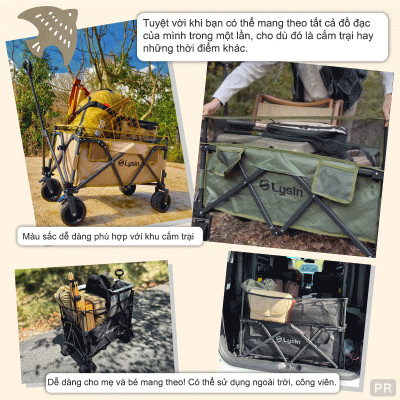 Xe kéo dã ngoại, ngoài trời, du lịch, cắm trại, picnic, đa năng bánh xe rộng có khóa cố định dung thích 230l gấp gọn