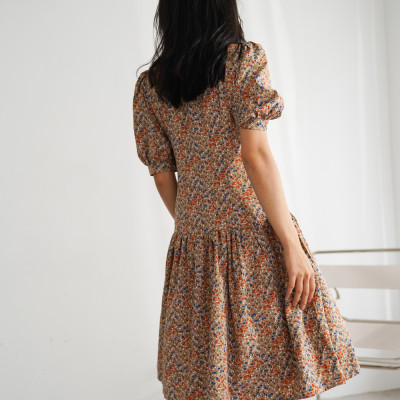 De Leah - Đầm Hạ Eo Cổ Dây nơ - Nâu cam