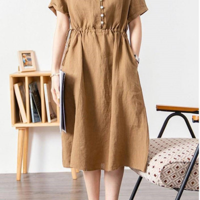 Đầm sơ mi cổ V màu trơn thanh lịch cho nữ, Đầm suông linen nhún eo, ngắn tay mặc đi làm, đi chơi Haint Boutique Da173