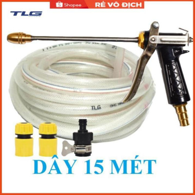 Bộ dây vòi xịt nước rửa xe, tưới cây . tăng áp 3 lần, loại 15m 206318 đầu đồng, cút, nối đen