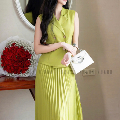 Set áo váy xanh bơ xếp ly NGADO , set áo váy nữ , set công sở , dự tiệc