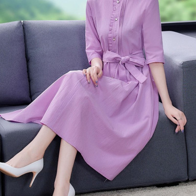 Đầm váy nữ dáng suông dài có dây thắt eo, Váy suông nữ tay lỡ cổ nhăn cài cúc, chất đũi mềm thời trang Haint Boutique