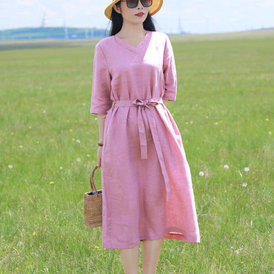 Đầm linen nữ dáng suông thắt eo cổ tim, tay lỡ, chất linen mềm màu hồng nữ tính mẫu hè mới Haint Boutique