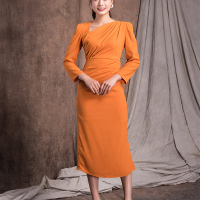 Đầm Lụa Cam Cổ Chữ V Xéo Dáng Vest Maxivic M012307